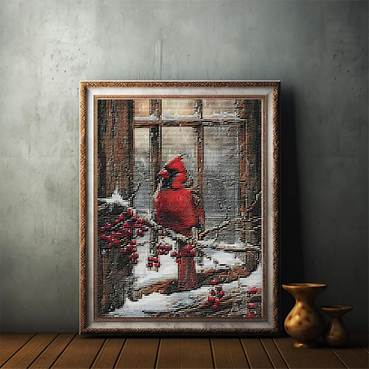 KFBXZIP Red Cardinal on Window Berries DIY 11CT Stamped Cross Stitch