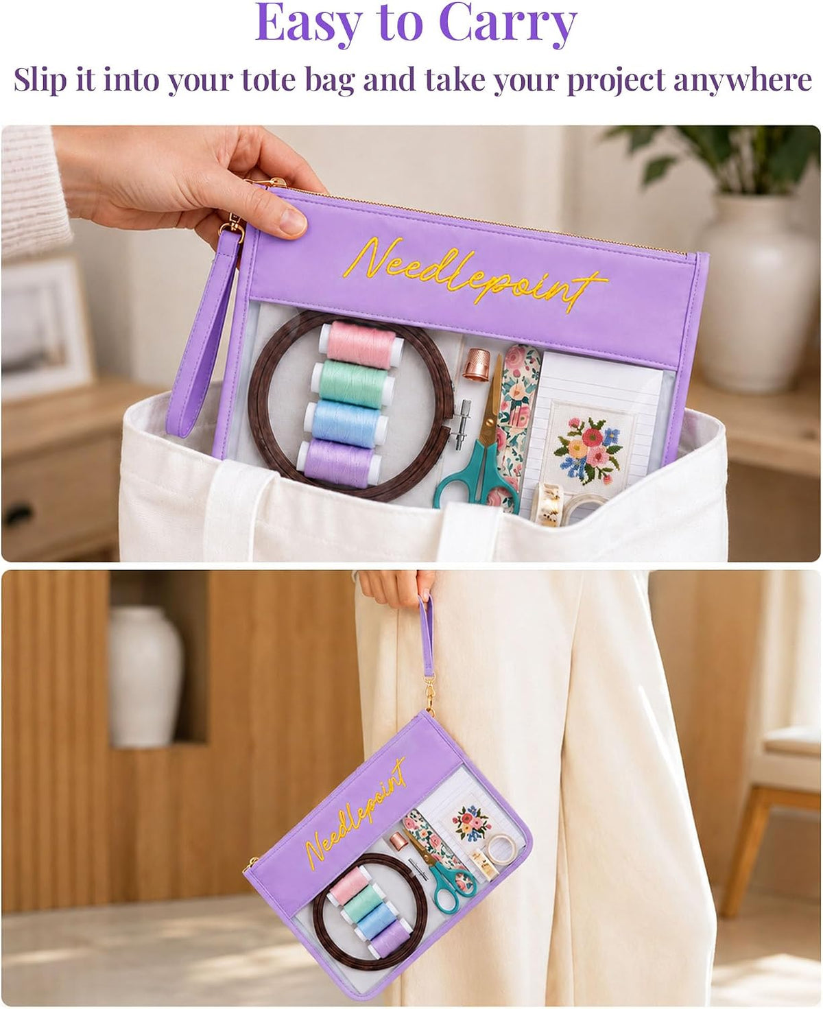 Needlepoint Project Bag, Nylon PVC Needlepoint Kit Organizer with