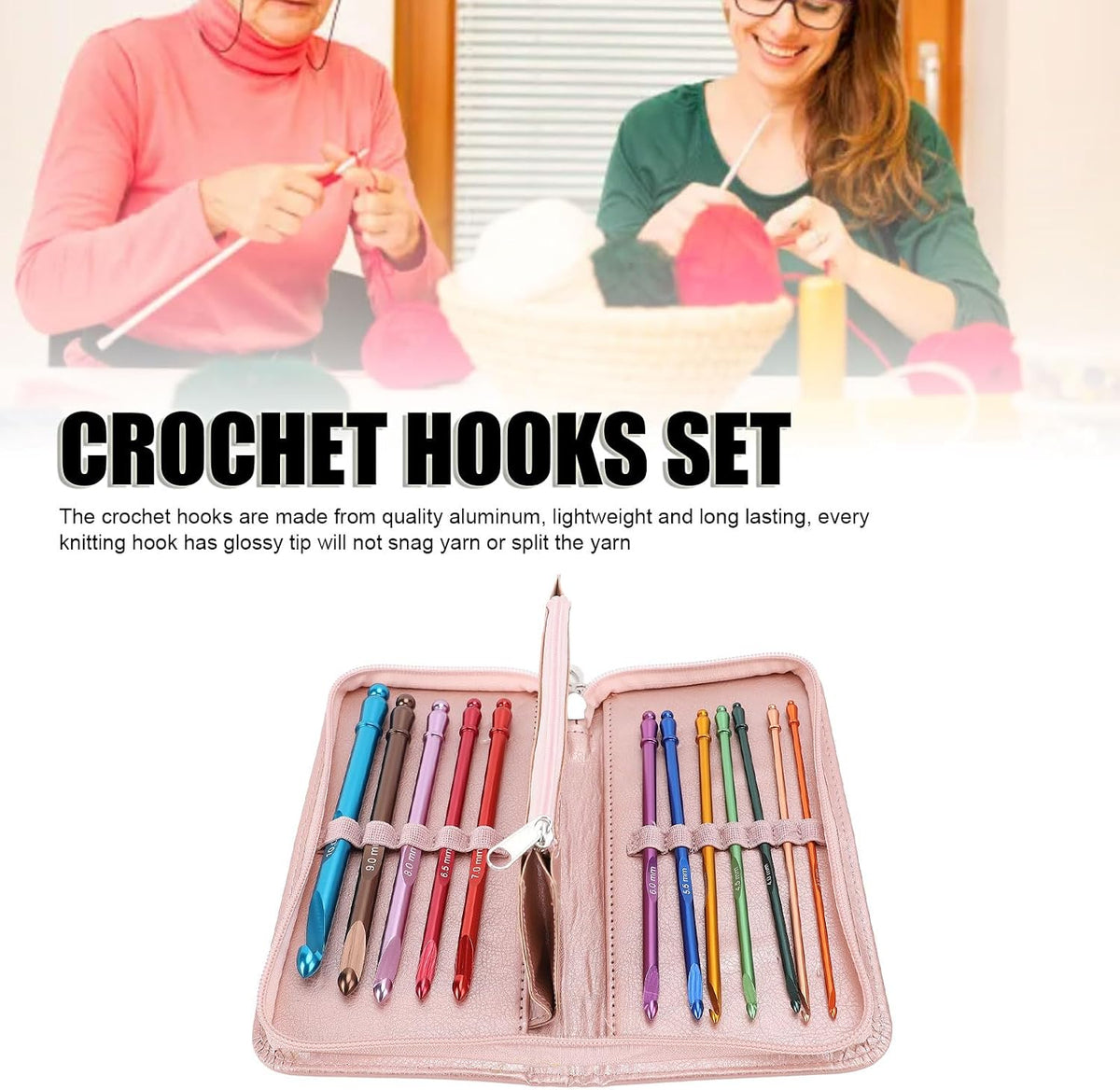 Crochet Hooks Set, 12PCS 3 to 10mm Ergonomic Aluminum Metal 15cm Long