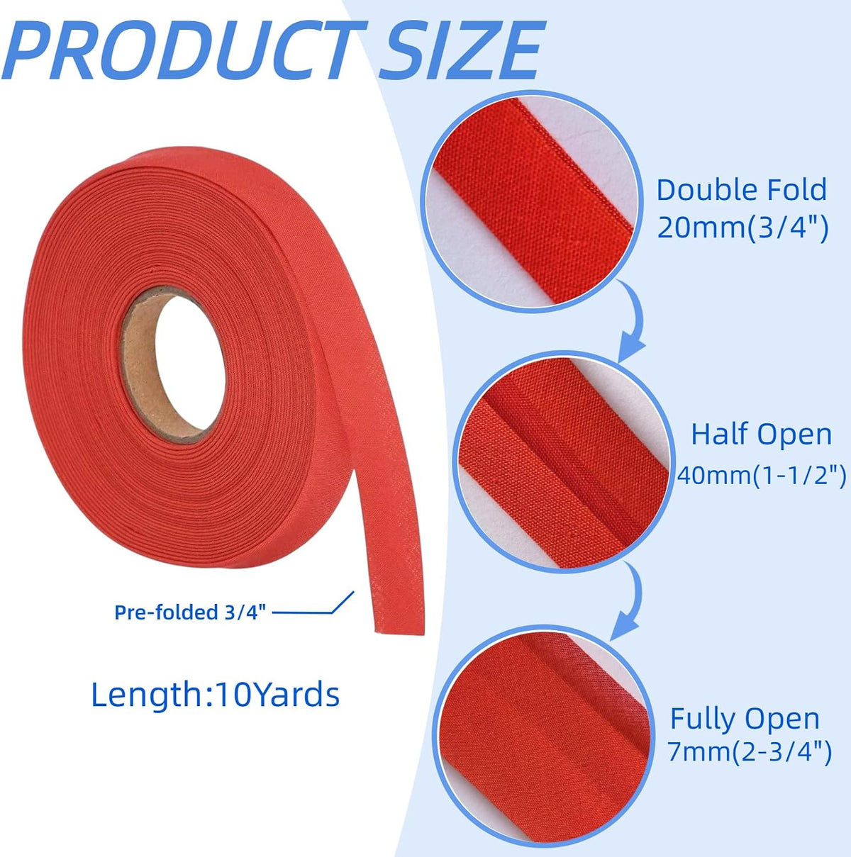 3/4 Inch Double Fold Bias Tape, Polyester Bias Tape (10 Yards, Red)