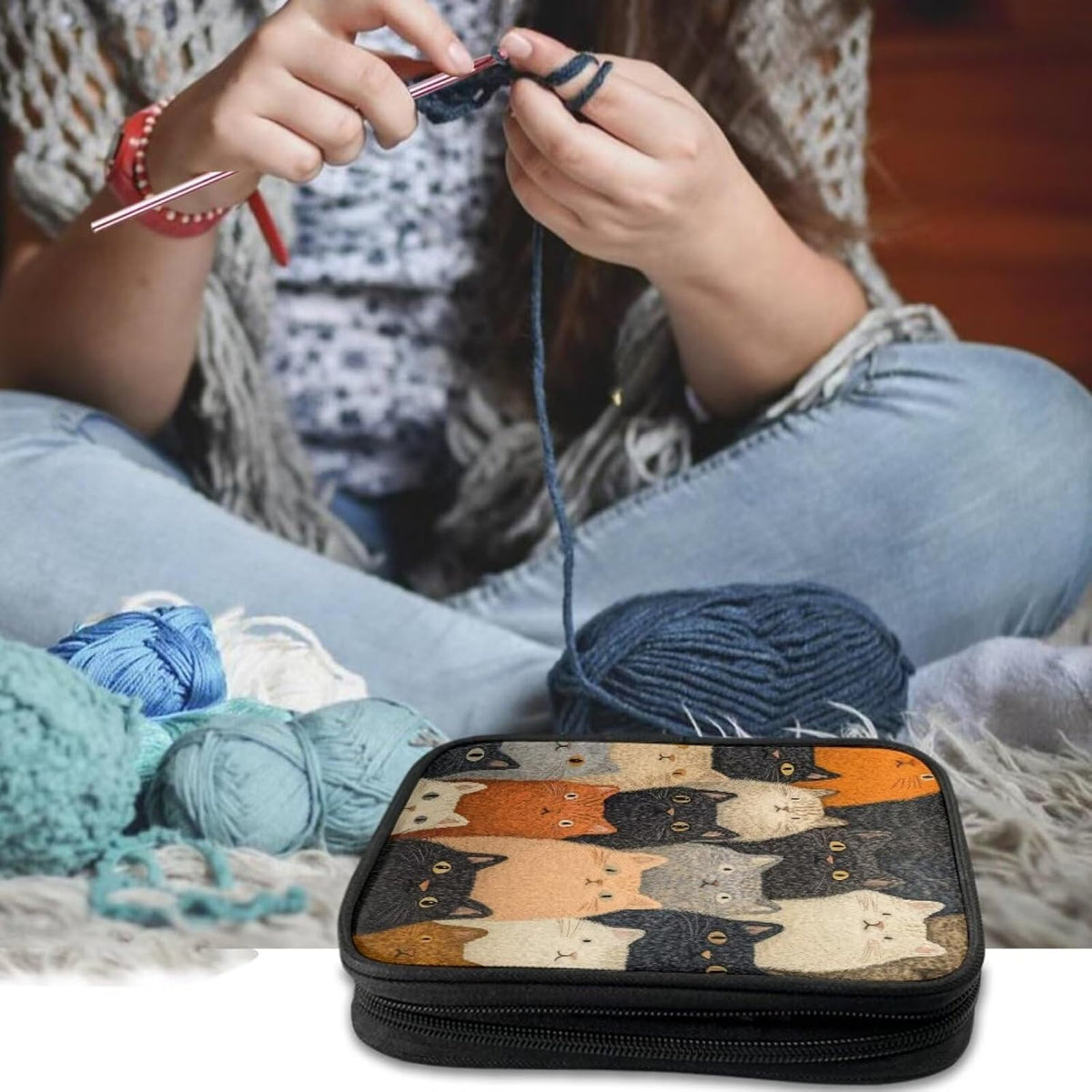 Fuxowvby Cat Print Knitting Needle Case Empty Zipper Crochet Hook