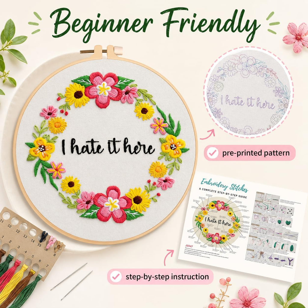 Nuberlic Floral Embroidery Kit for Beginners,Funny Embroidery Practice