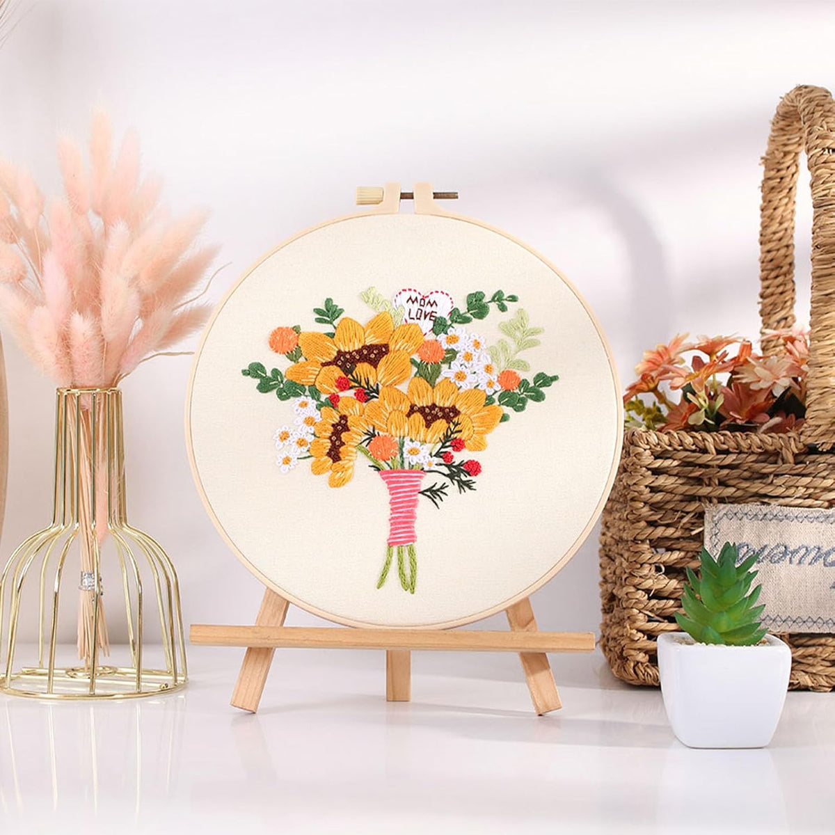 FONNUY Bouquet Flowers Embroidery Kit Love Mom for Beginners