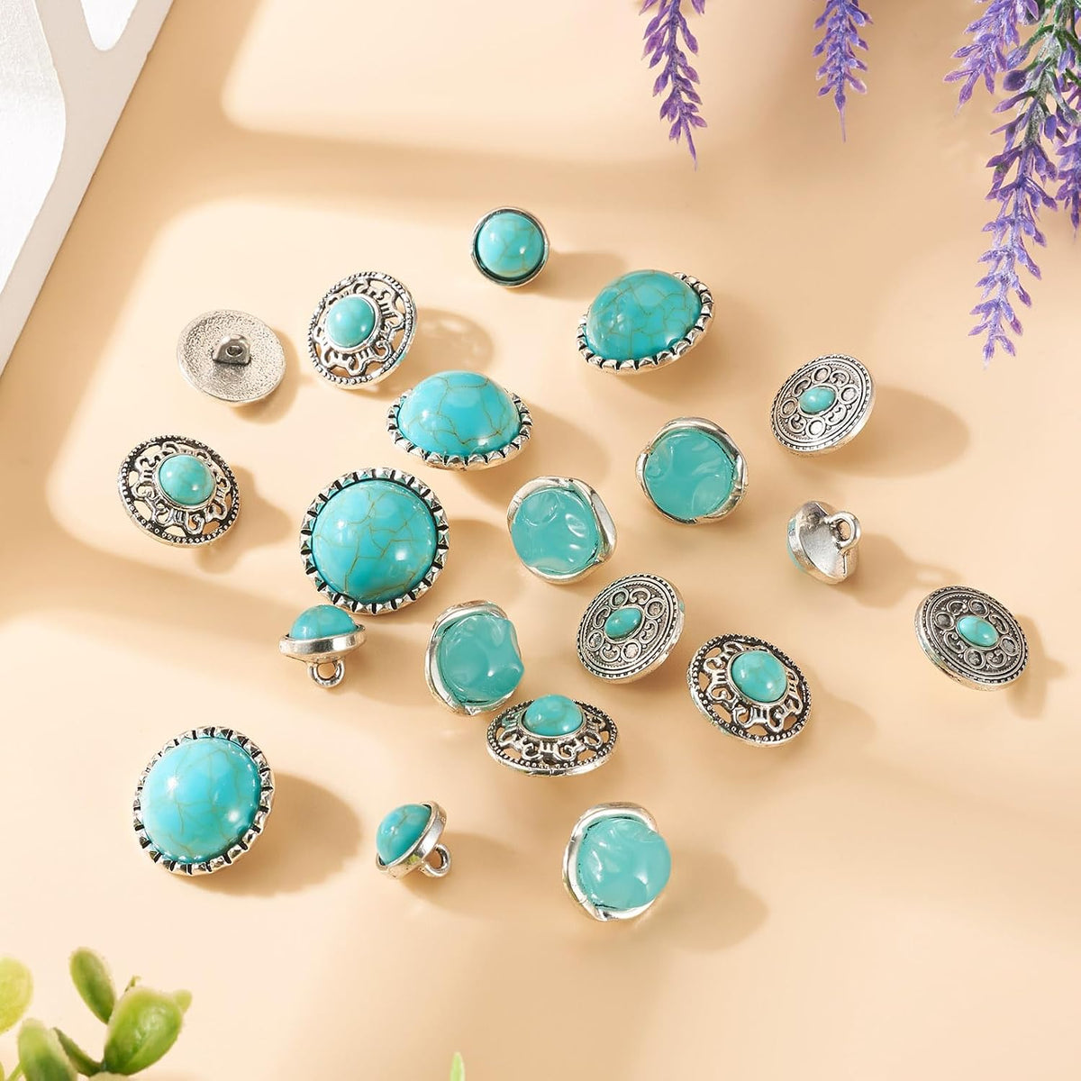 Beadthoven 20pcs Turquoise Alloy Buttons Antique Silver Metal Shank