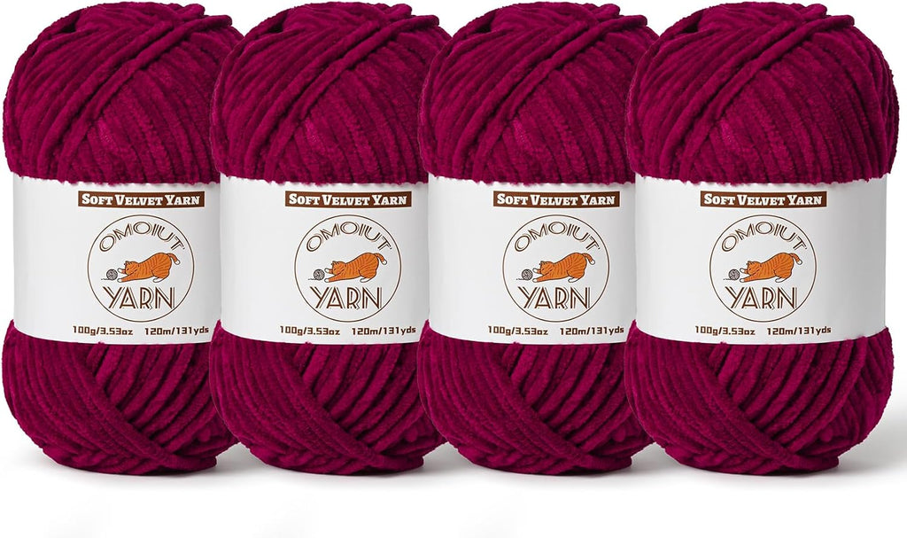 4 Pack Burgundy Fluffy Velvet Yarn for Crocheting, Chunky Chenille