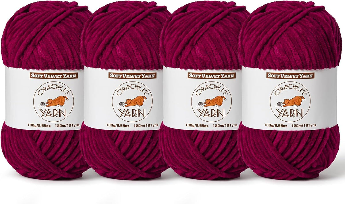 4 Pack Burgundy Fluffy Velvet Yarn for Crocheting, Chunky Chenille