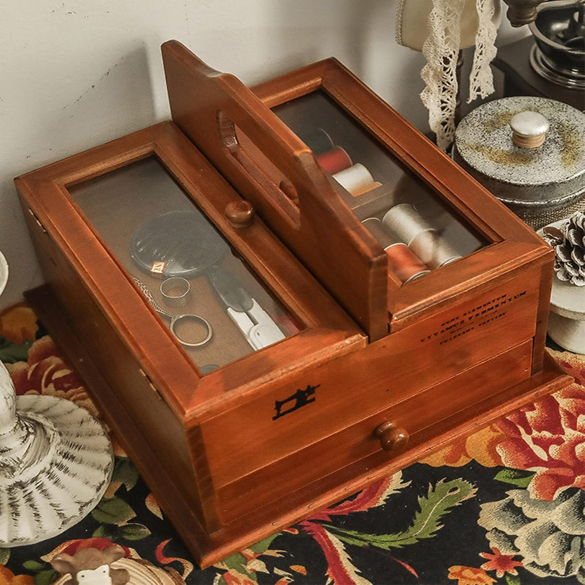 Sewing Kit, Retrowooden Sewing Basket Portable Sewing Box Drawer Type