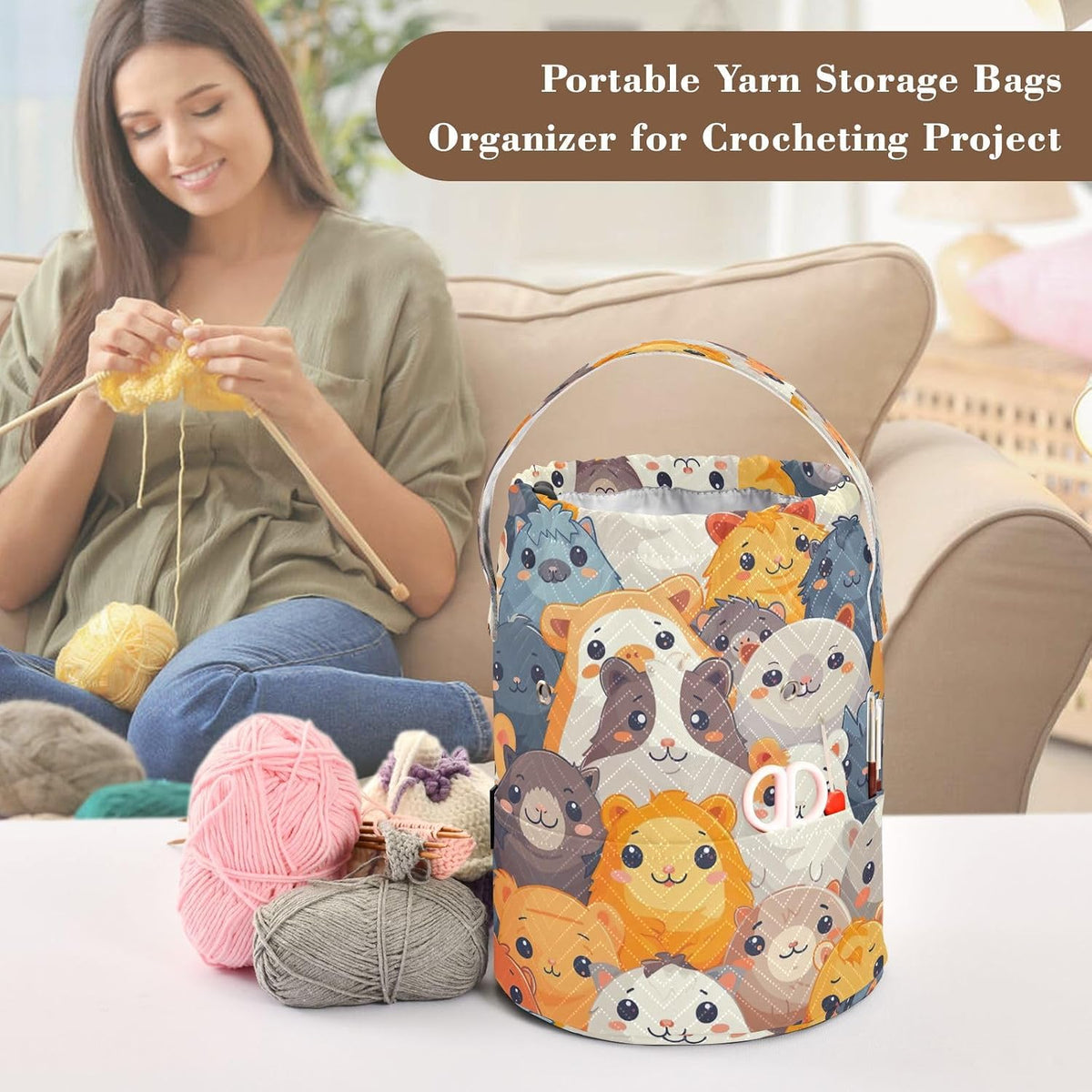 YETTASBIN Cartoon Guinea Pig Yarn Storage Bag, Large Crochet Knitting