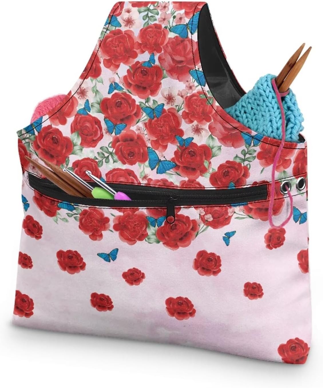 Viewamoon Sewing Kit Storage Bag Pink Red Rose Flower Blue Butterfly