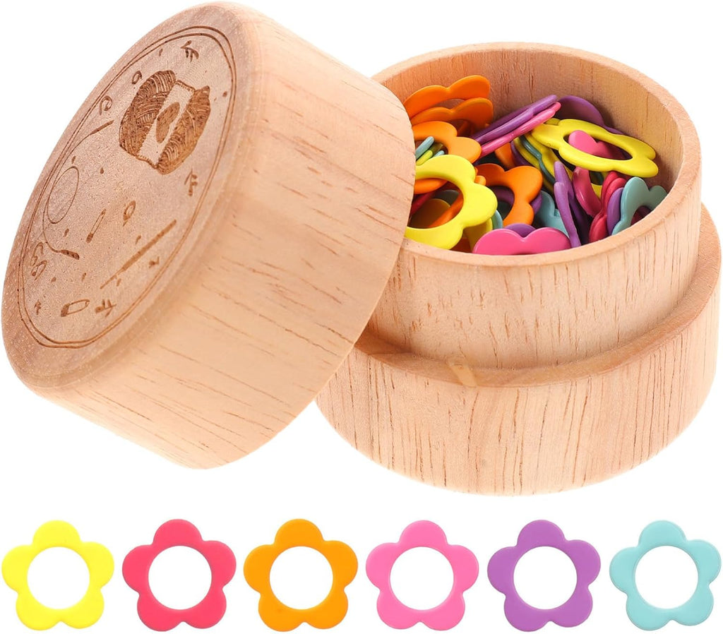 Knitting Stitch Markers Rings for DIY Crafters with Wooden Storage Box