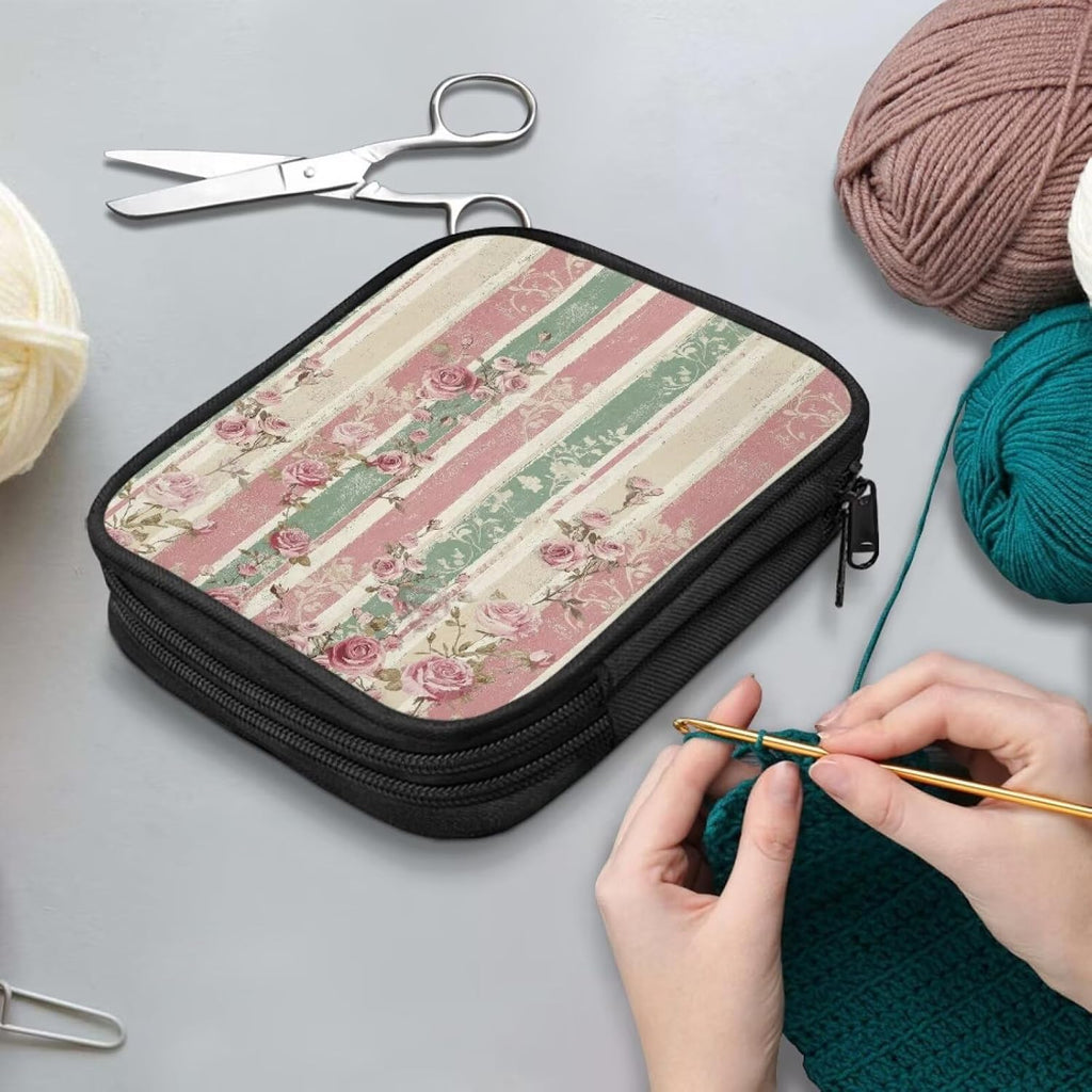 Vintage Stripe Floral Empty Crochet Hook Case Portable Travel Crochet