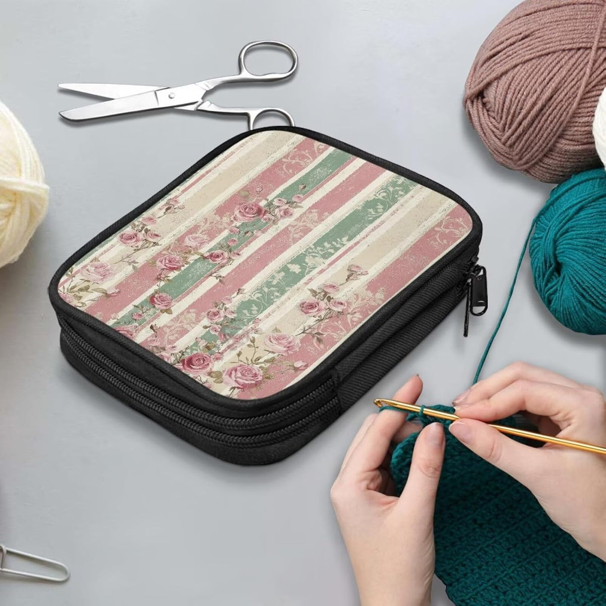 Vintage Stripe Floral Empty Crochet Hook Case Portable Travel Crochet