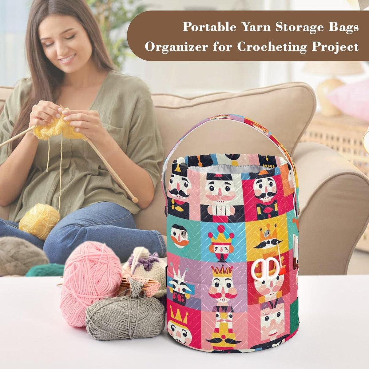 YETTASBIN Christmas Nutcracker Yarn Storage Bag, Large Crochet