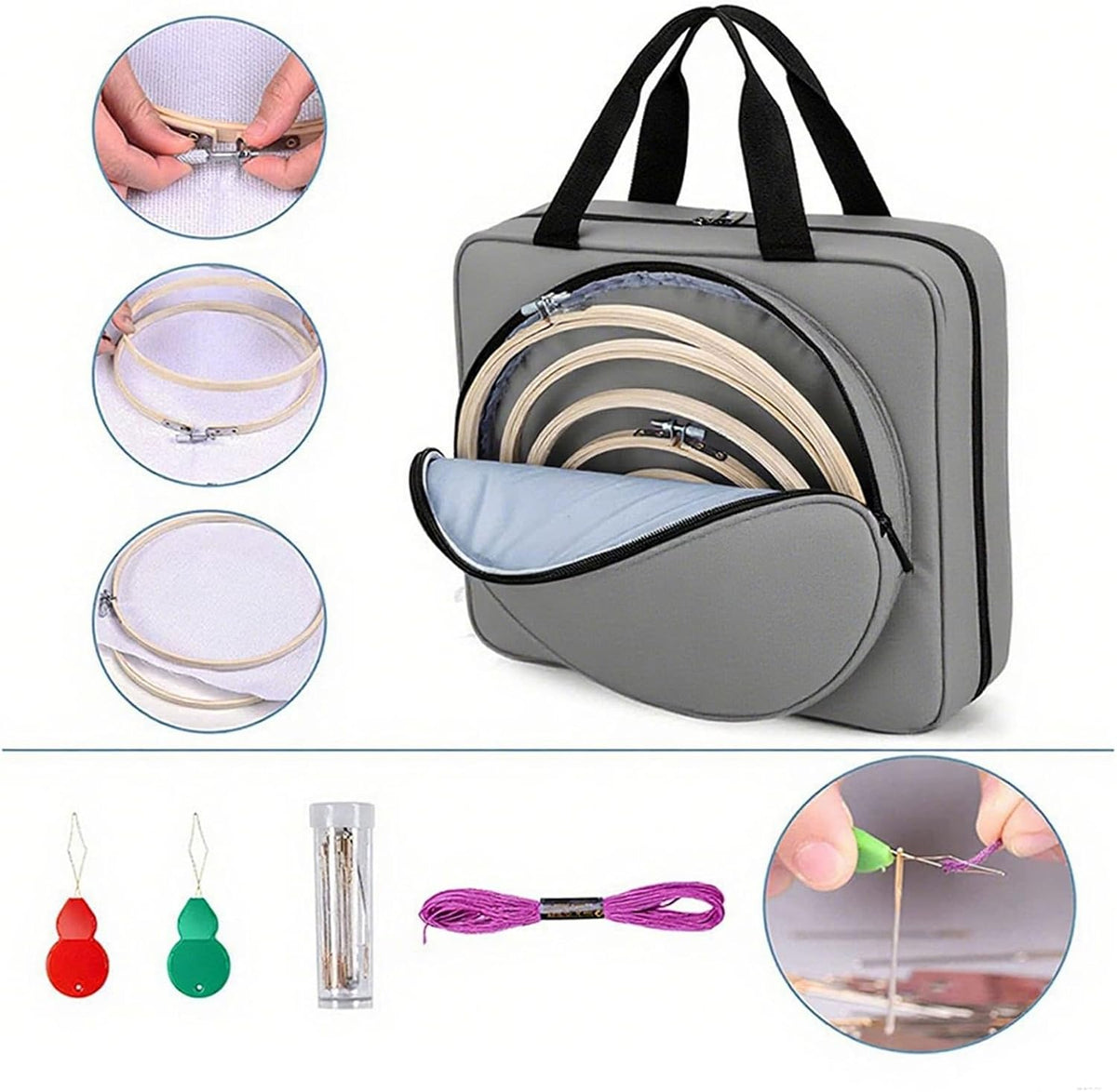 Embroidery Project Bag – Multi Pocket Holder, Round Sewing Case