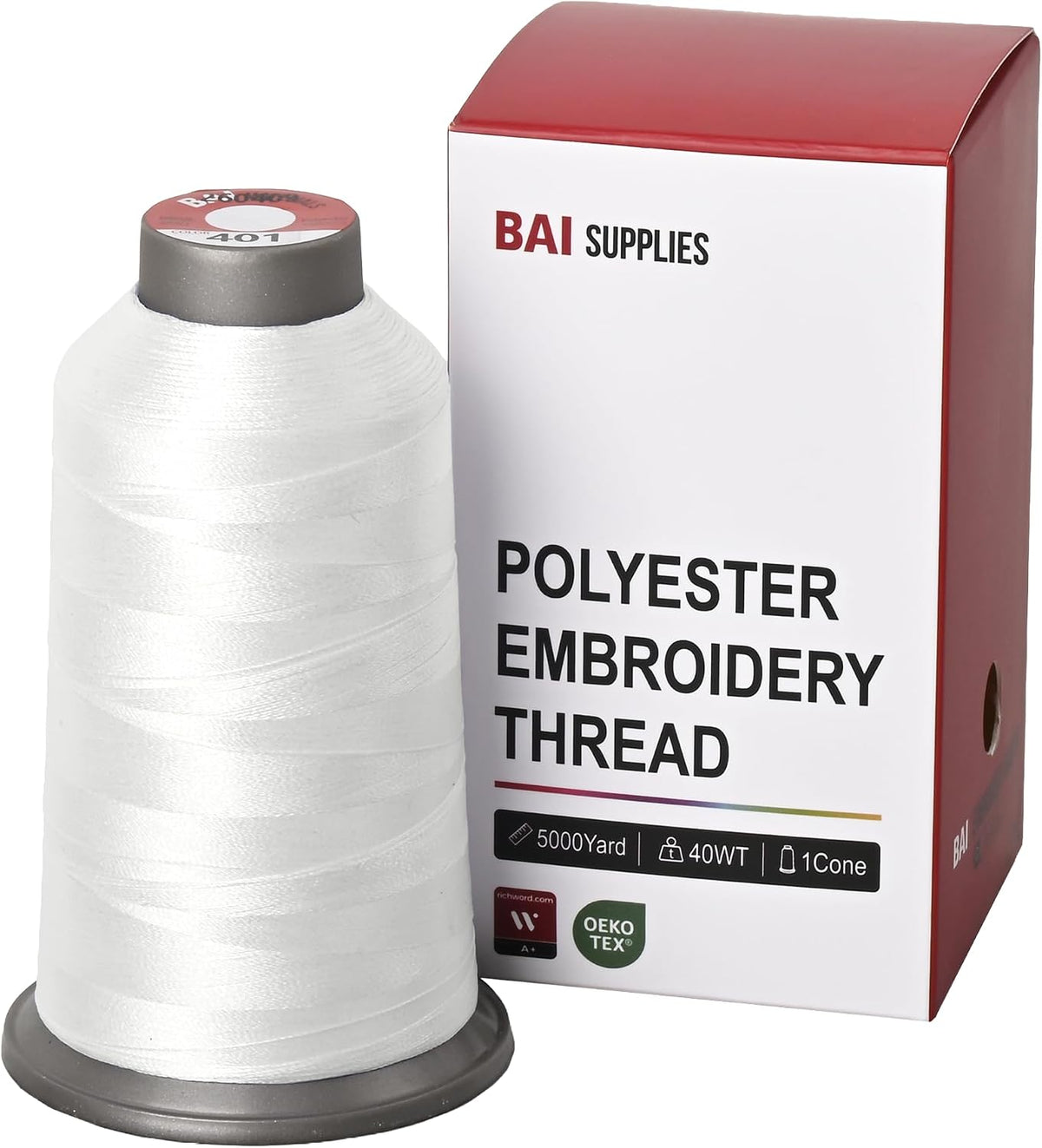 BAI Polyester Machine Embroidery Thread, 5000yds White+401