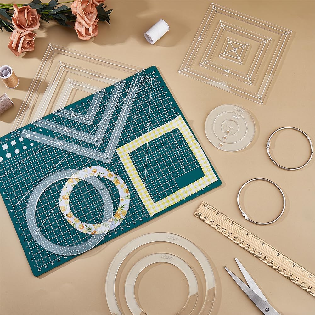 NBEADS 12Pcs Circle Square Quilting Acrylic Template, 1/2/3/4/5/6.5