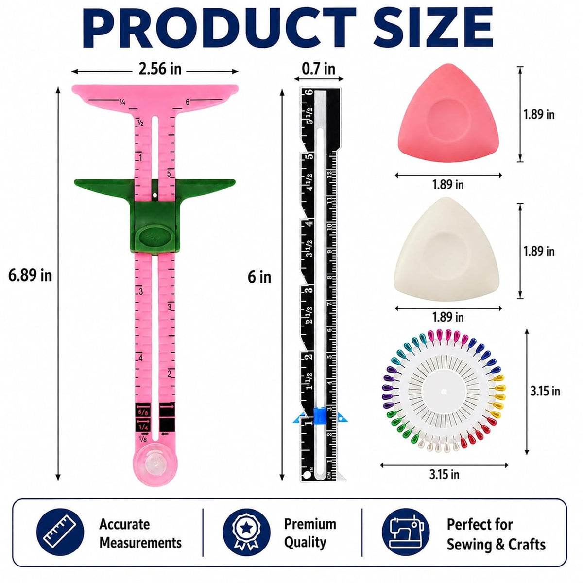 5 Piece Sewing Gauge Set, 5-in-1 Sliding Ruler & Seam Gauge, Pink