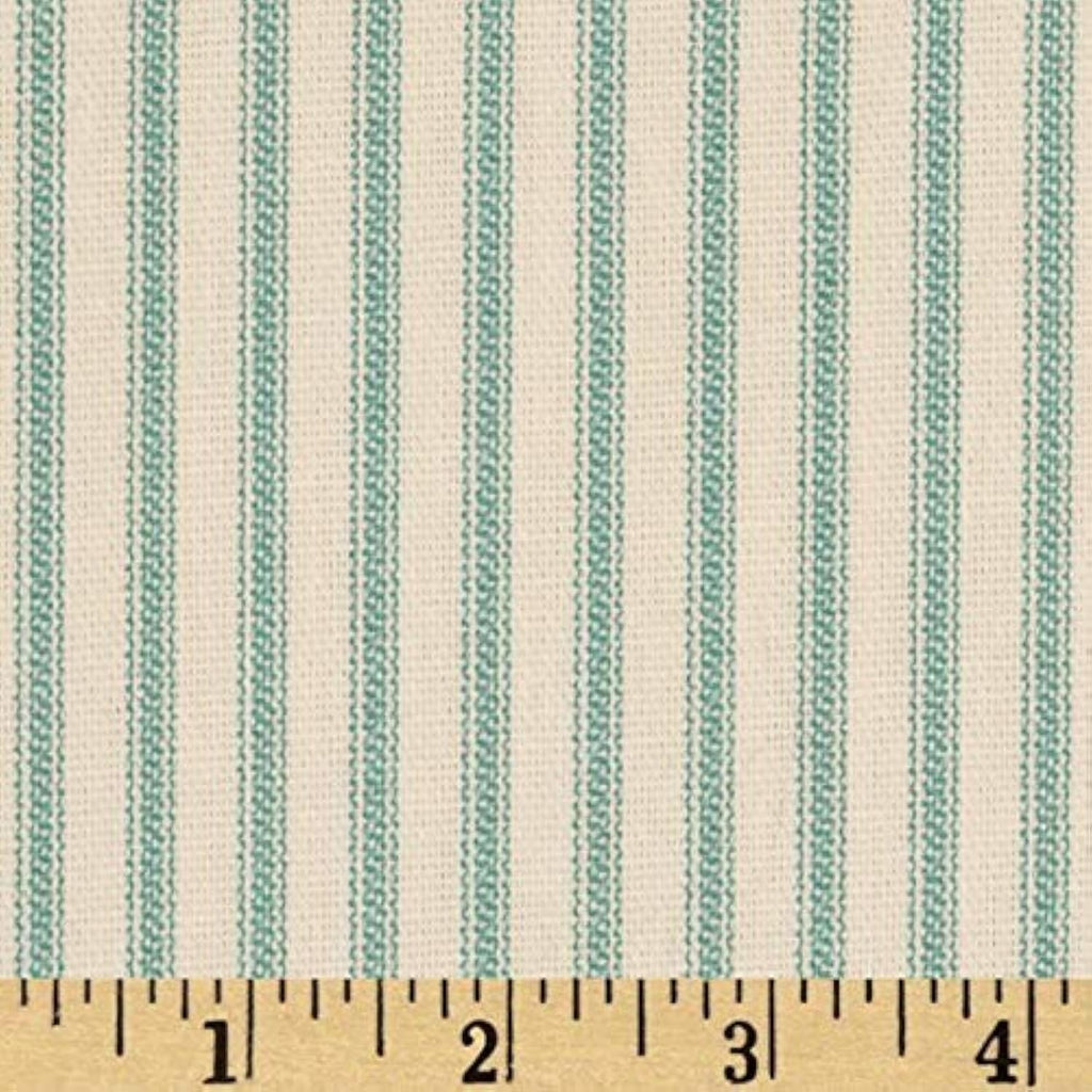 Vertical Ticking Stripe Cotton Duck Ivory Cerulean Aqua, Fabric by the