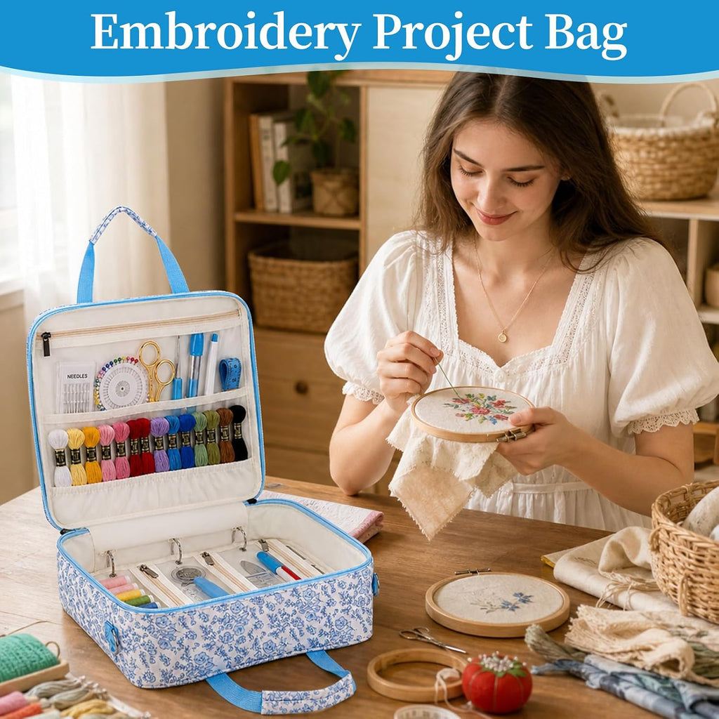 Locmeo Blue Floral Needlepoint Project Bag Embroidered Sewing