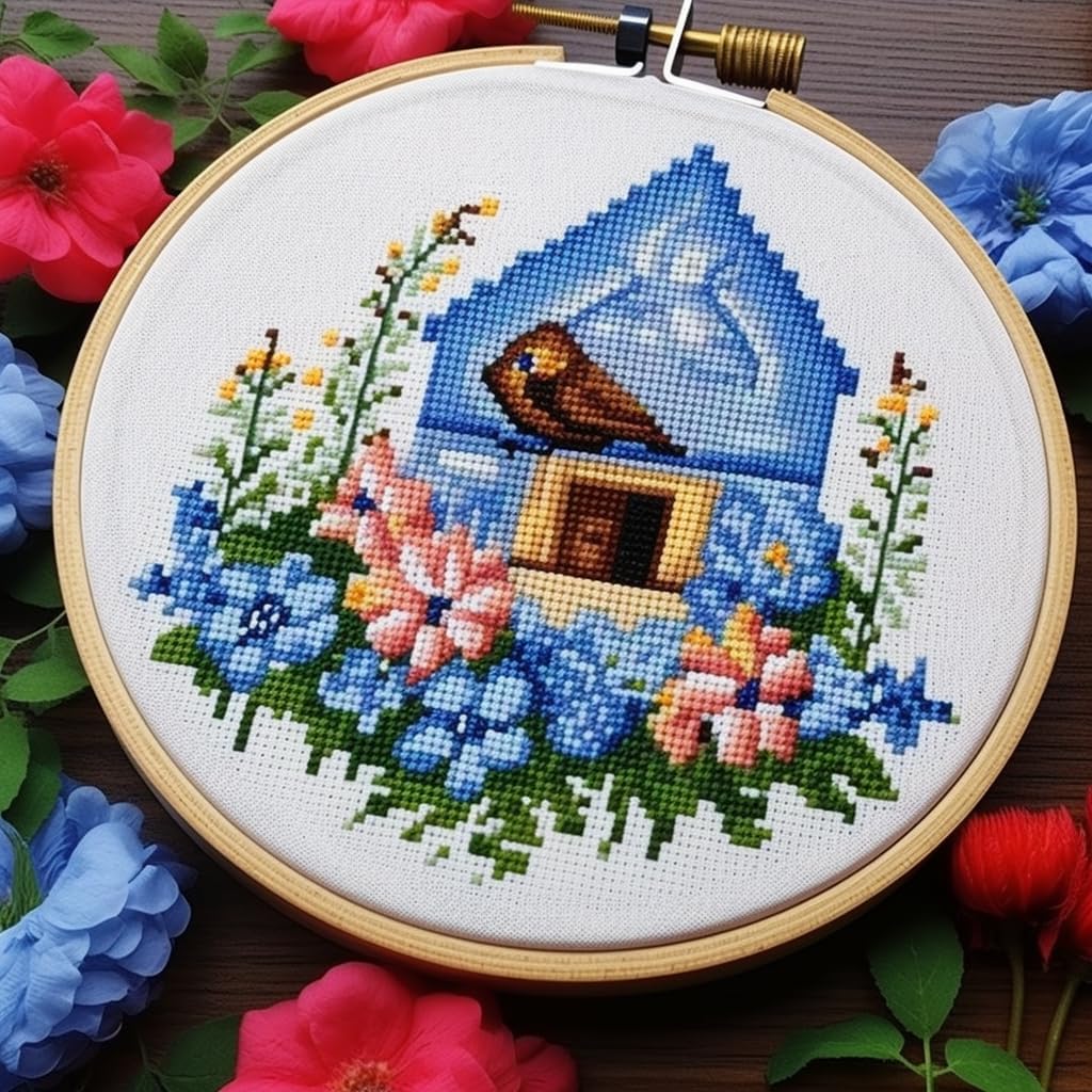 Bird House and Flowers DIY Stamped Cross Stitch Kits for Beginners