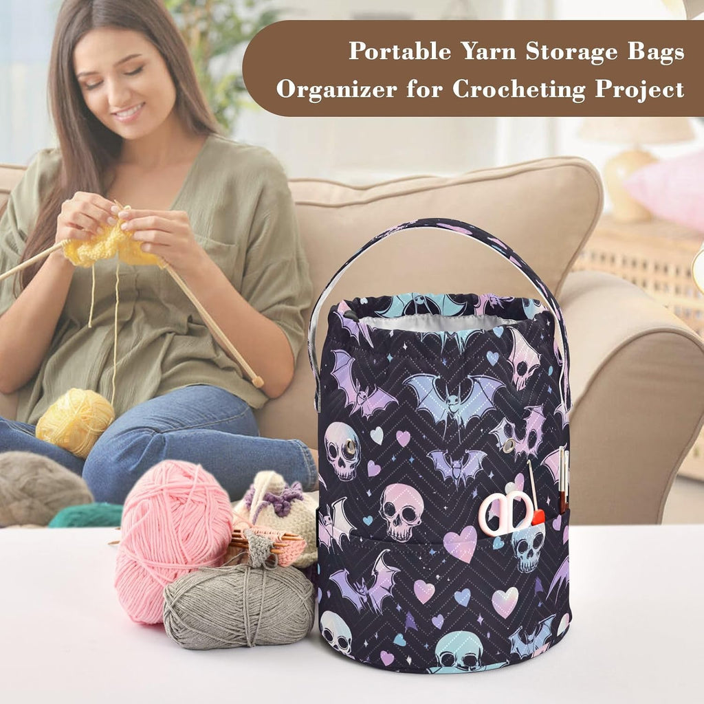 YETTASBIN Halloween Bat Skull Yarn Storage Bag, Large Crochet Knitting