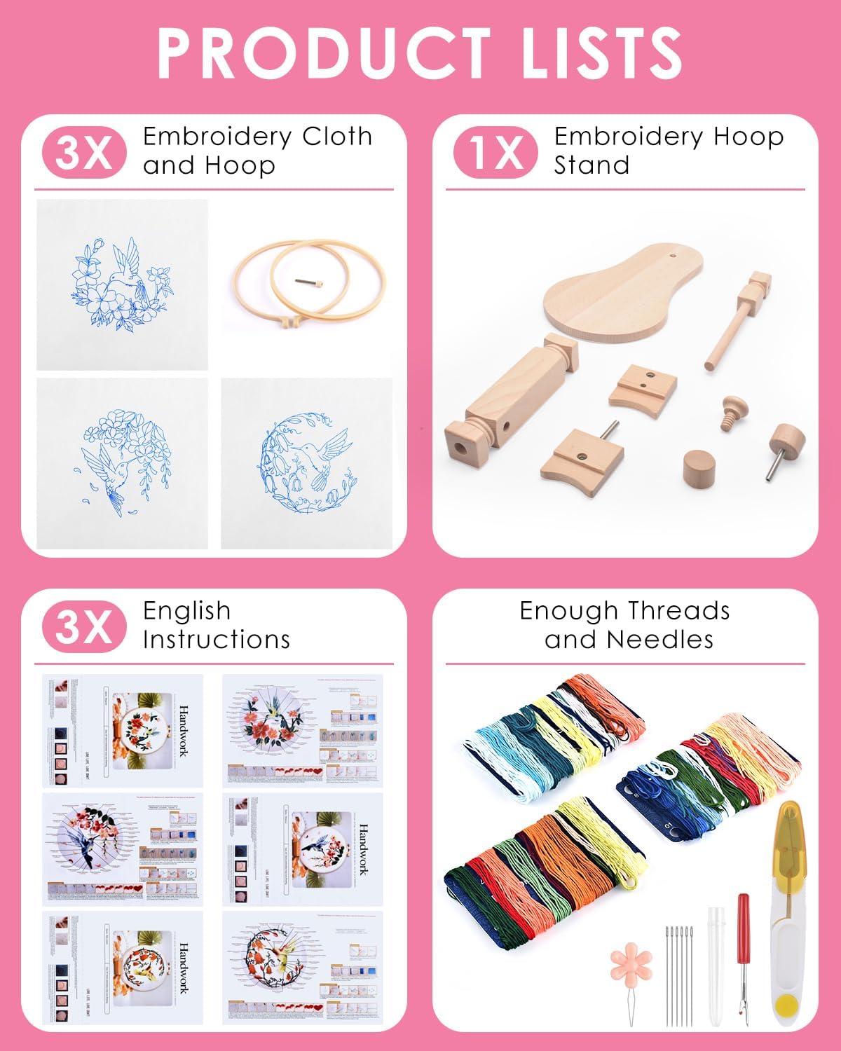 TINDTOP Beech Wood Embroidery Hoop Stand, with Hummingbird Embroidery