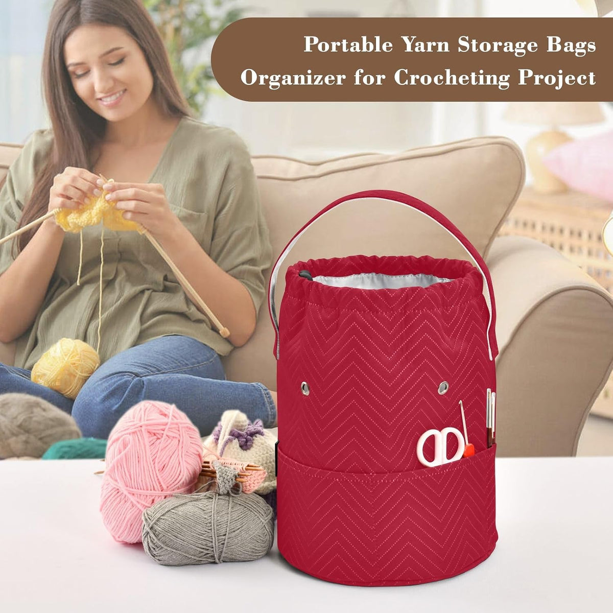 YETTASBIN Red Solid Color Yarn Storage Bag, Large Crochet Knitting Bag