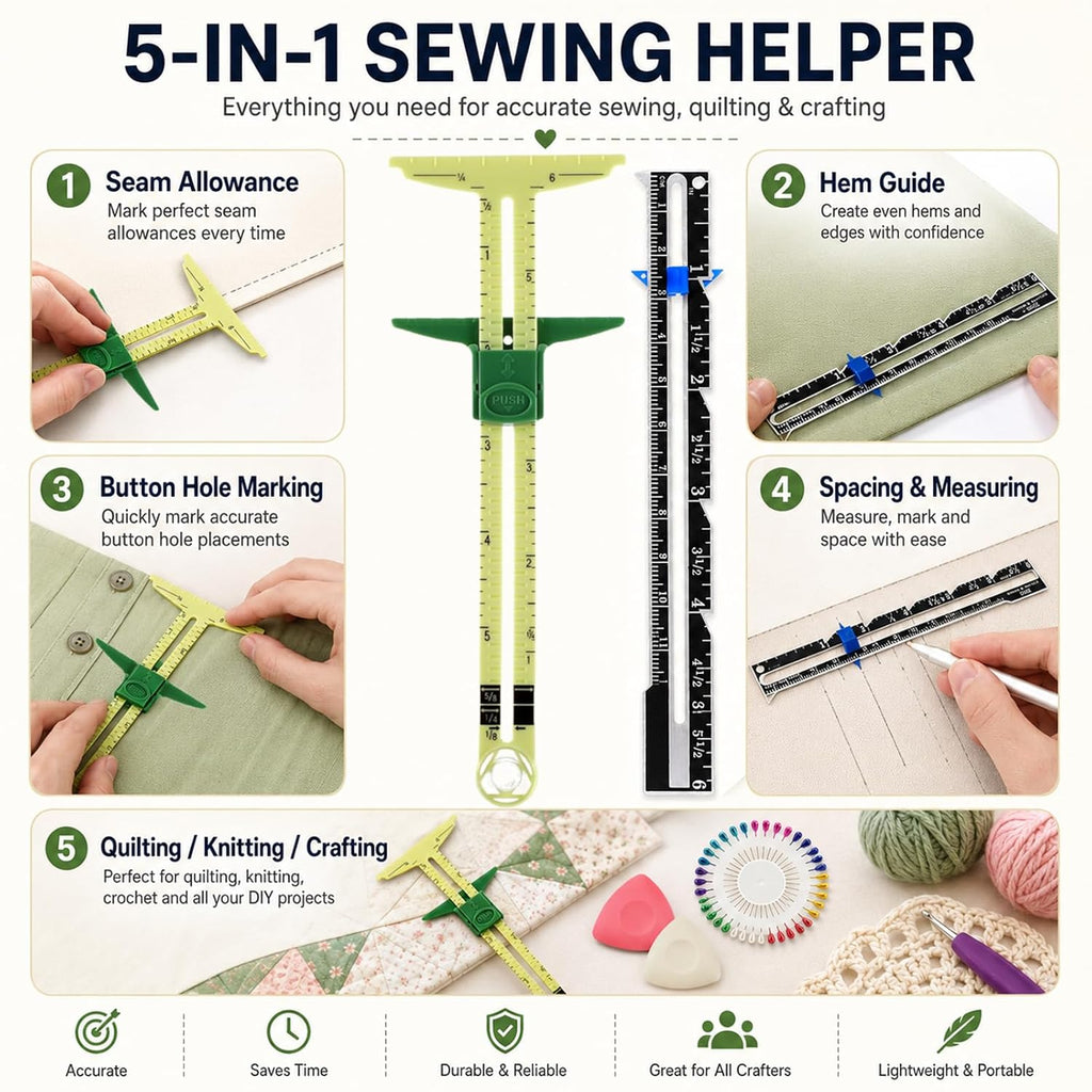 5 Piece Sewing Gauge Set, 5-in-1 Sliding Ruler & Seam Gauge, Yellow