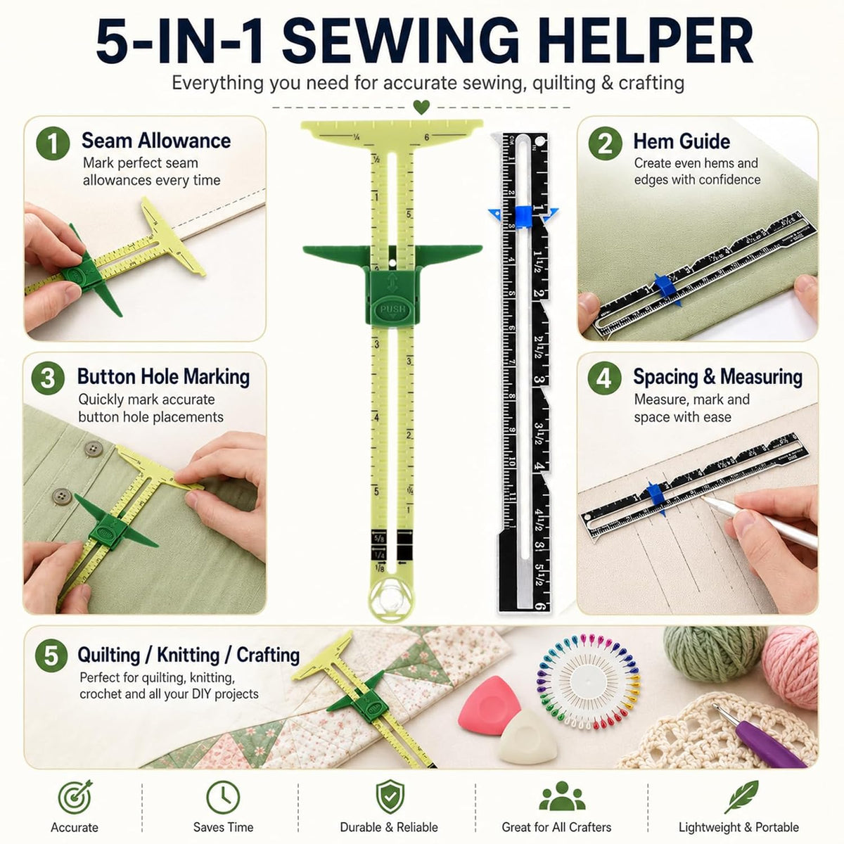 5 Piece Sewing Gauge Set, 5-in-1 Sliding Ruler & Seam Gauge, Yellow