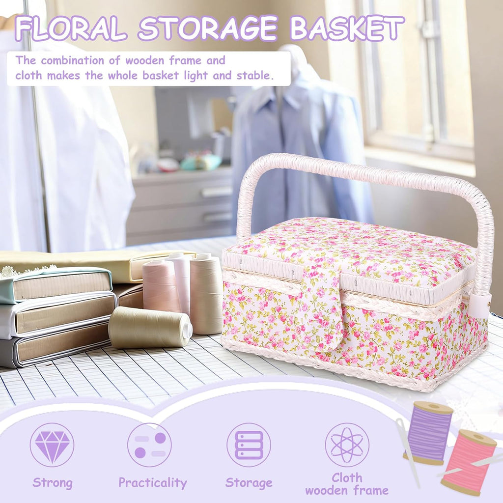 Vintage Floral Sewing Basket with Organizer Tray, Portable Sewing
