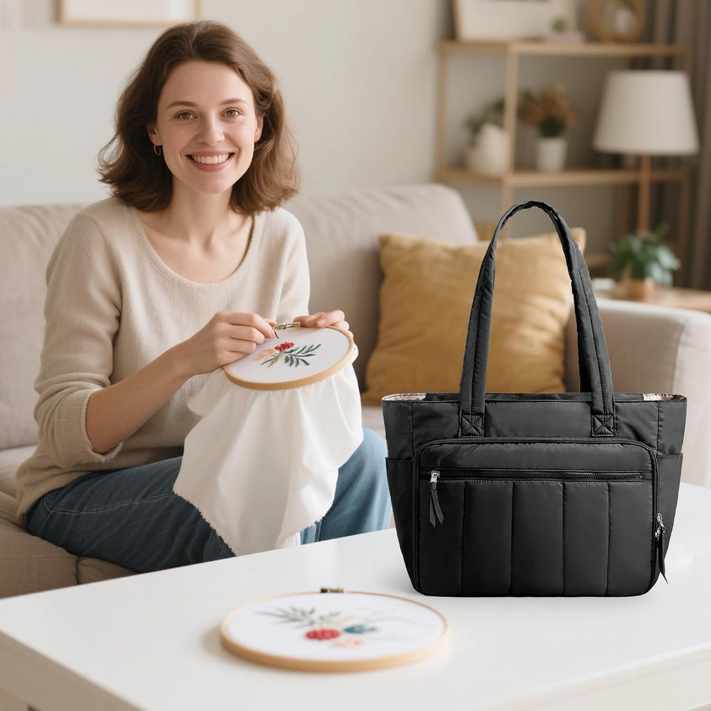 LUXJA Large Puffy Embroidery Bag with Multiple Pockets, Black