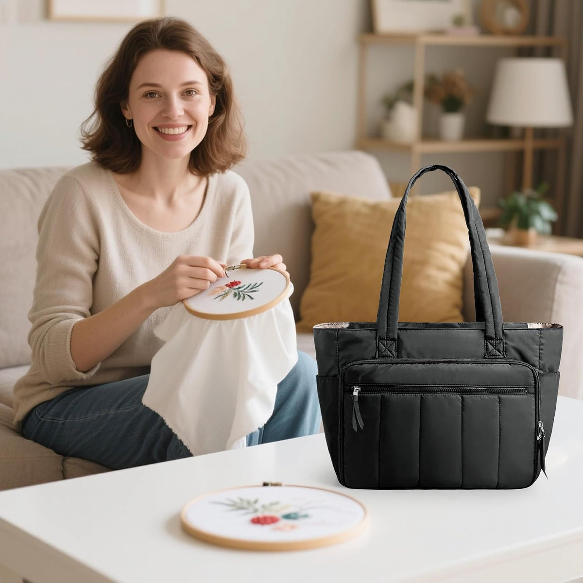 LUXJA Large Puffy Embroidery Bag with Multiple Pockets, Black