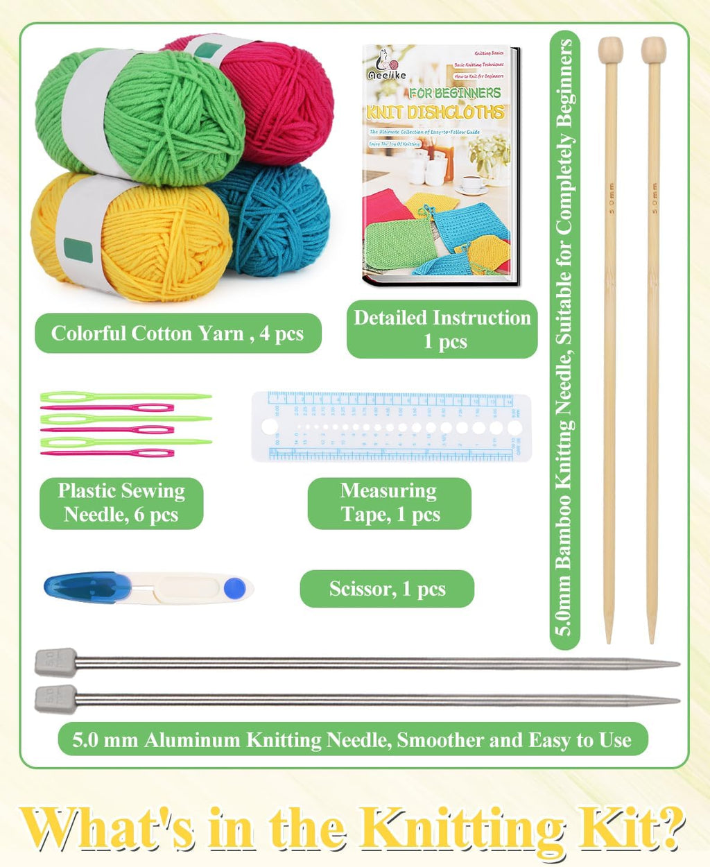 Aeelike Knitting Kit for Beginner Adult, Easy Dishcloth Knit Set