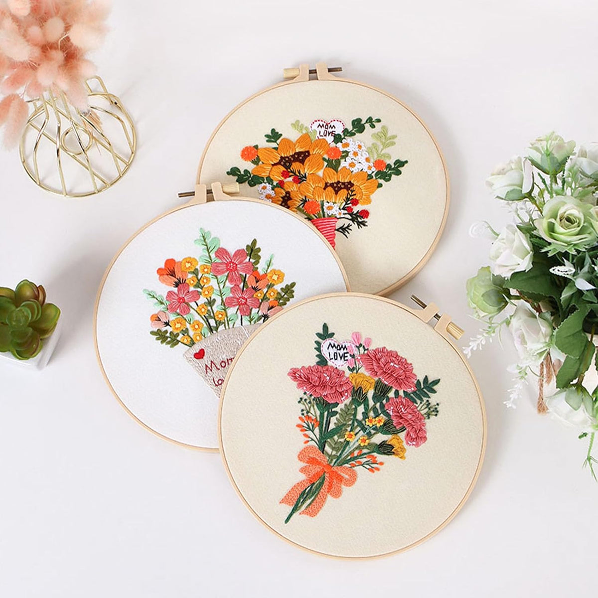 FONNUY Bouquet Flowers Embroidery Kit Love Mom for Beginners