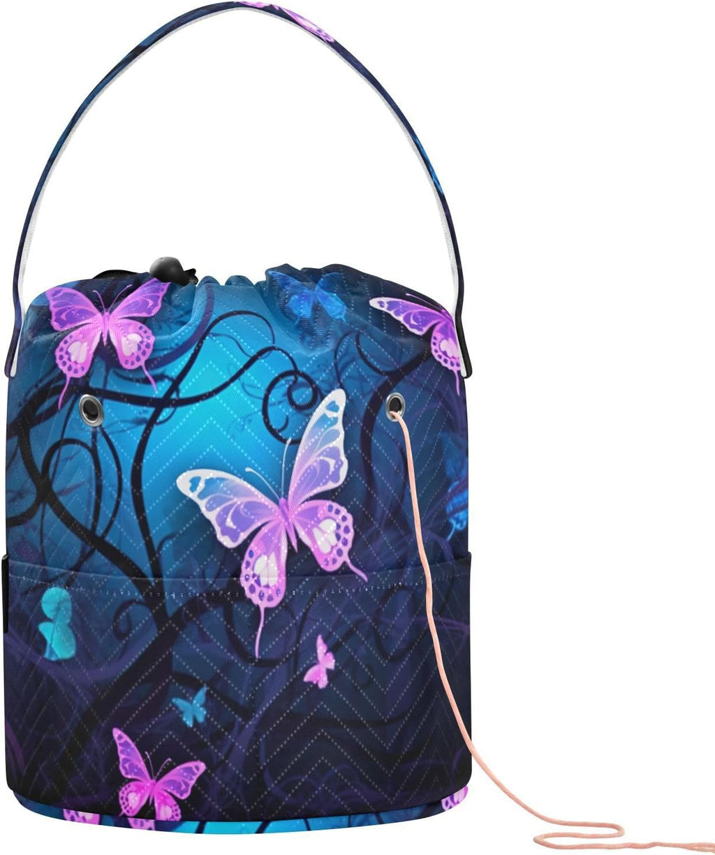 YETTASBIN Purple Blue Butterfly Yarn Storage Bag, Large Crochet