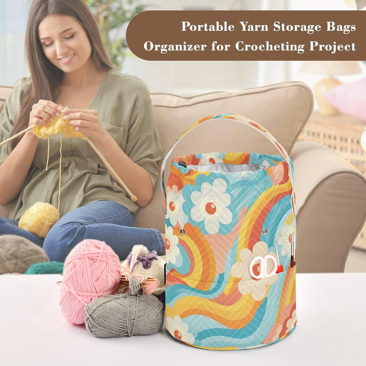YETTASBIN Cartoon Flower Yarn Storage Bag, Large Crochet Knitting Bag