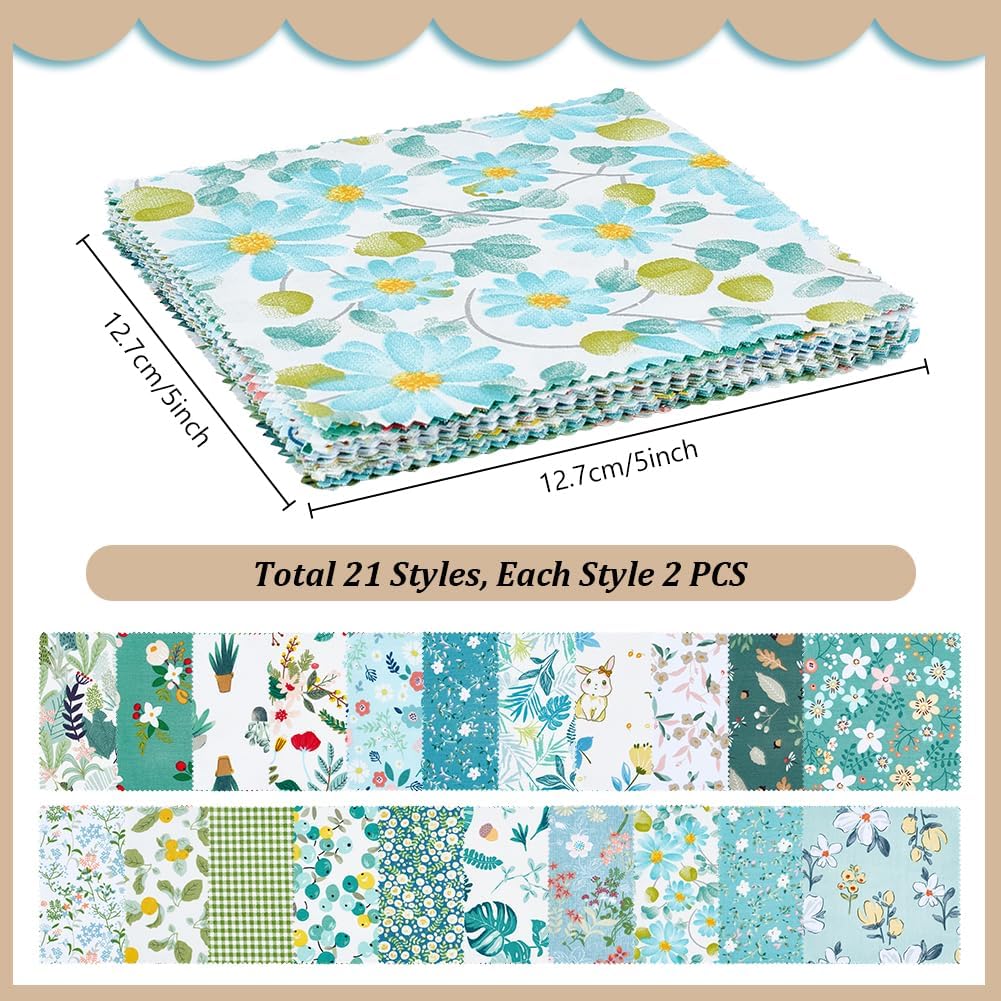 PH PandaHall 42pcs Floral Cotton Fabric Squares, 21 Styles 5x5 inch