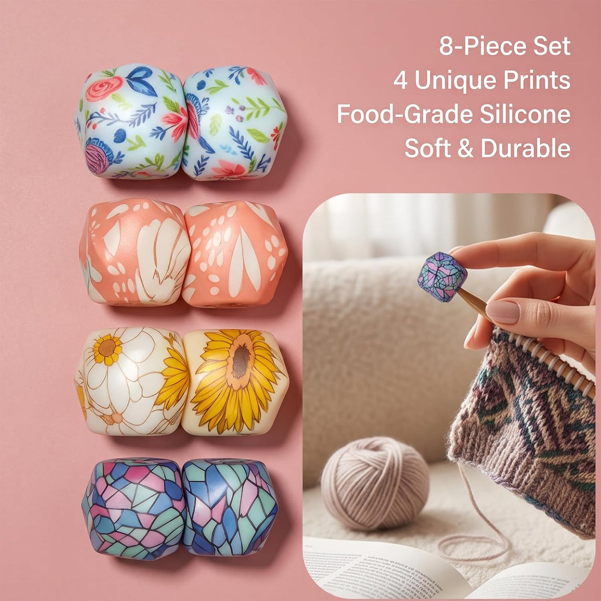 Shuielai 8 Pcs Hexagon Print Silicone Knitting Needle Stoppers