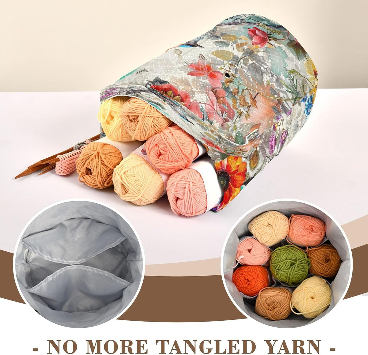 YETTASBIN Bird Flower Yarn Storage Bag, Large Crochet Knitting Bag