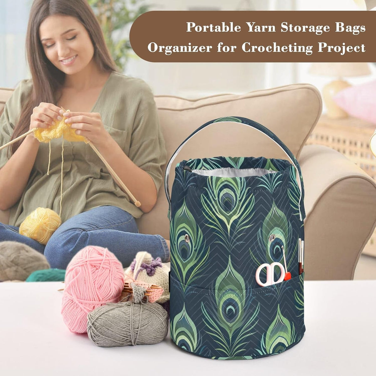 YETTASBIN Peacock Feather Yarn Storage Bag, Large Crochet Knitting Bag