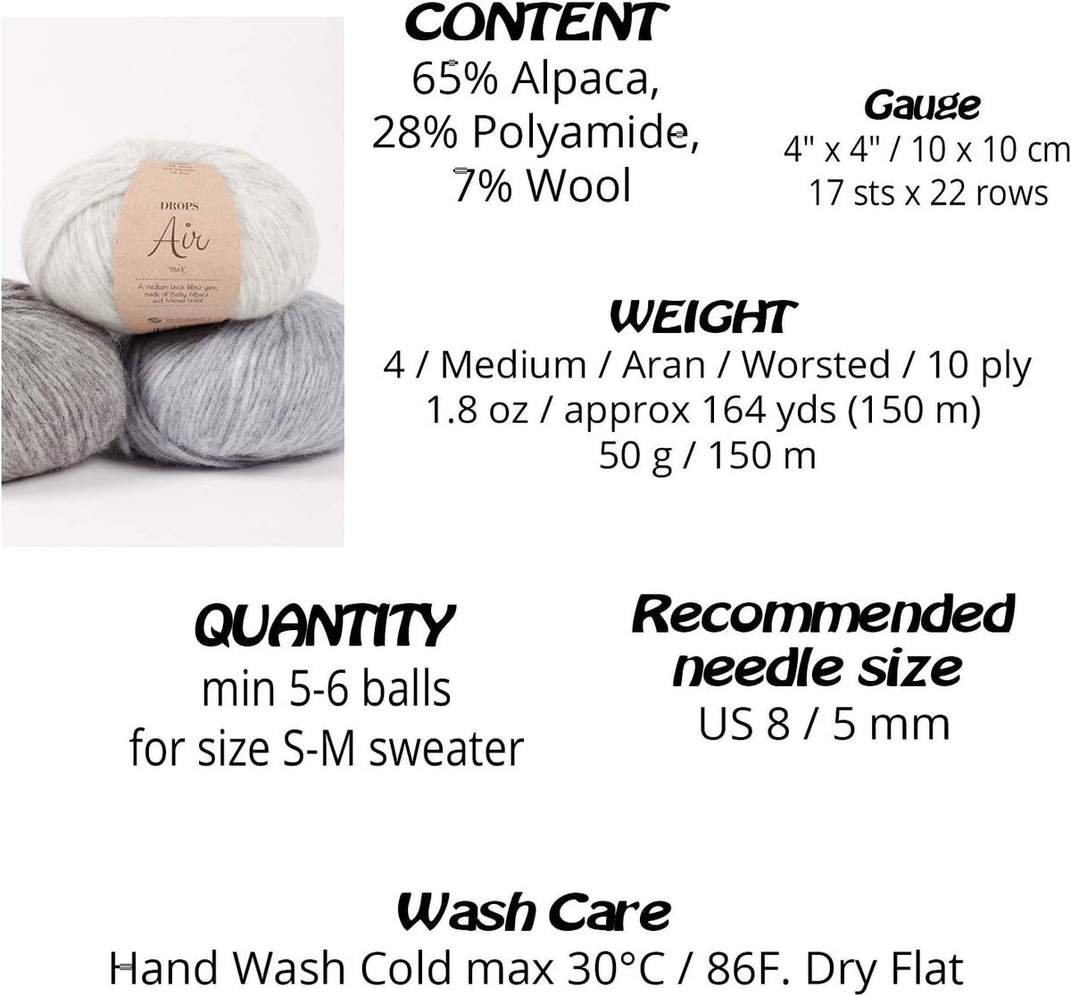 Babyalpaca and Merino Wool Yarn, Worsted, Aran, Drops AIR, 1.8 oz