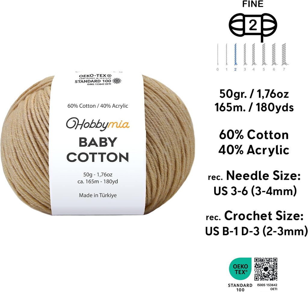 Baby Cotton Yarn – Sport Weight - 50g/180yds (Beige, 1 Ball)