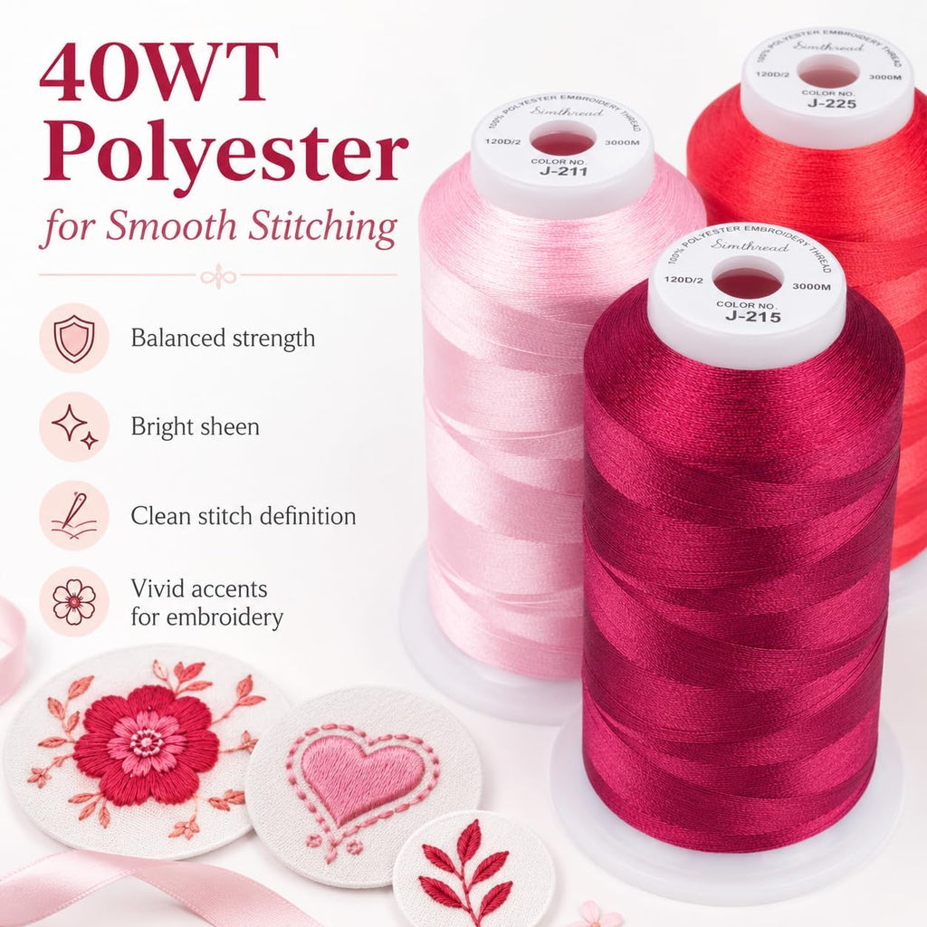 Simthread 6 Spools 3000 Yds 40WT Polyester Embroidery Thread Red Pink