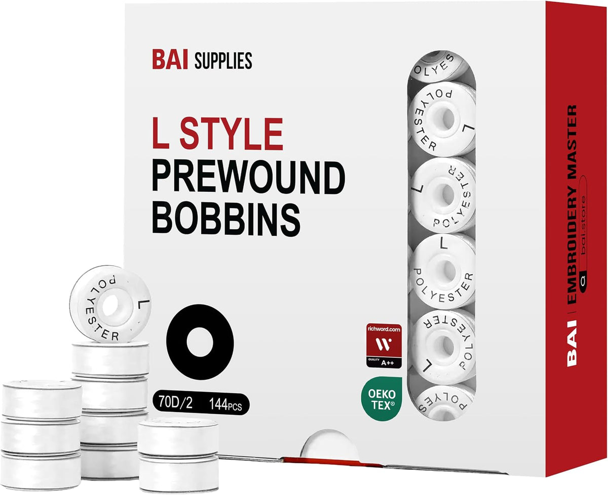 BAI Prewound Embroidery Bobbins L Style 144pcs 70D/2 White Cardboard