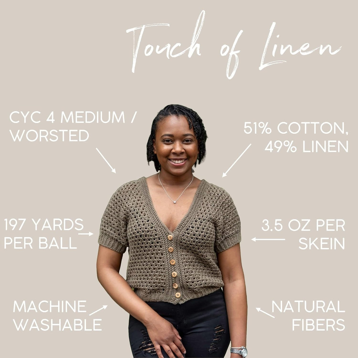 Lion Brand Yarn, Touch of Linen Crochet Yarn, Natural, 3 Pack