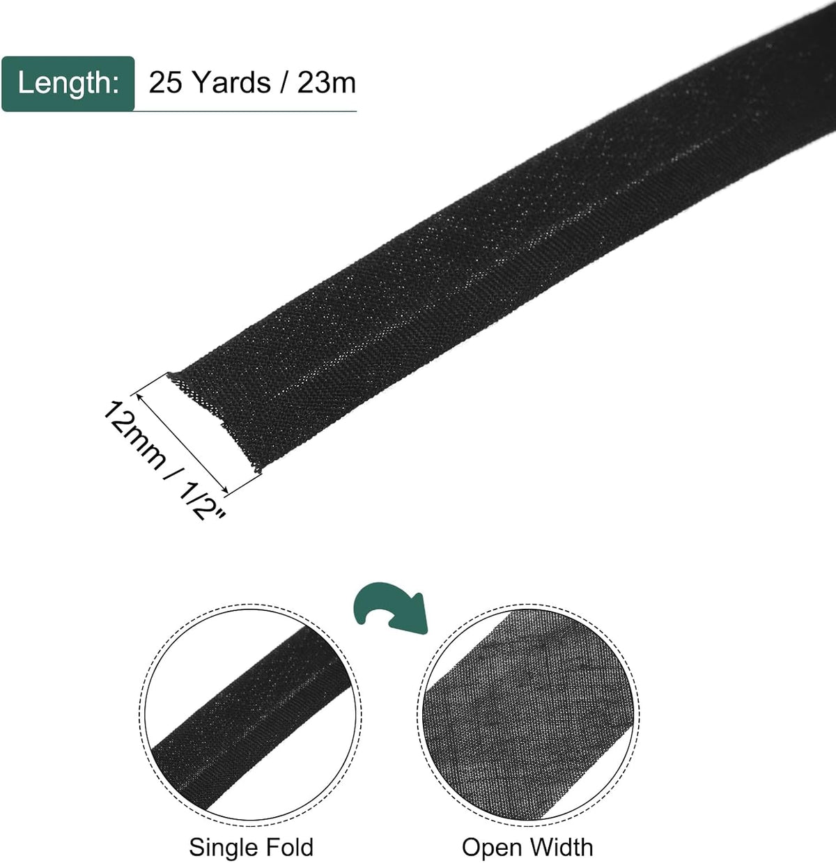 MECCANIXITY 1/2 Inch Single Fold Bias Tape Polyester, Black 25 Yards