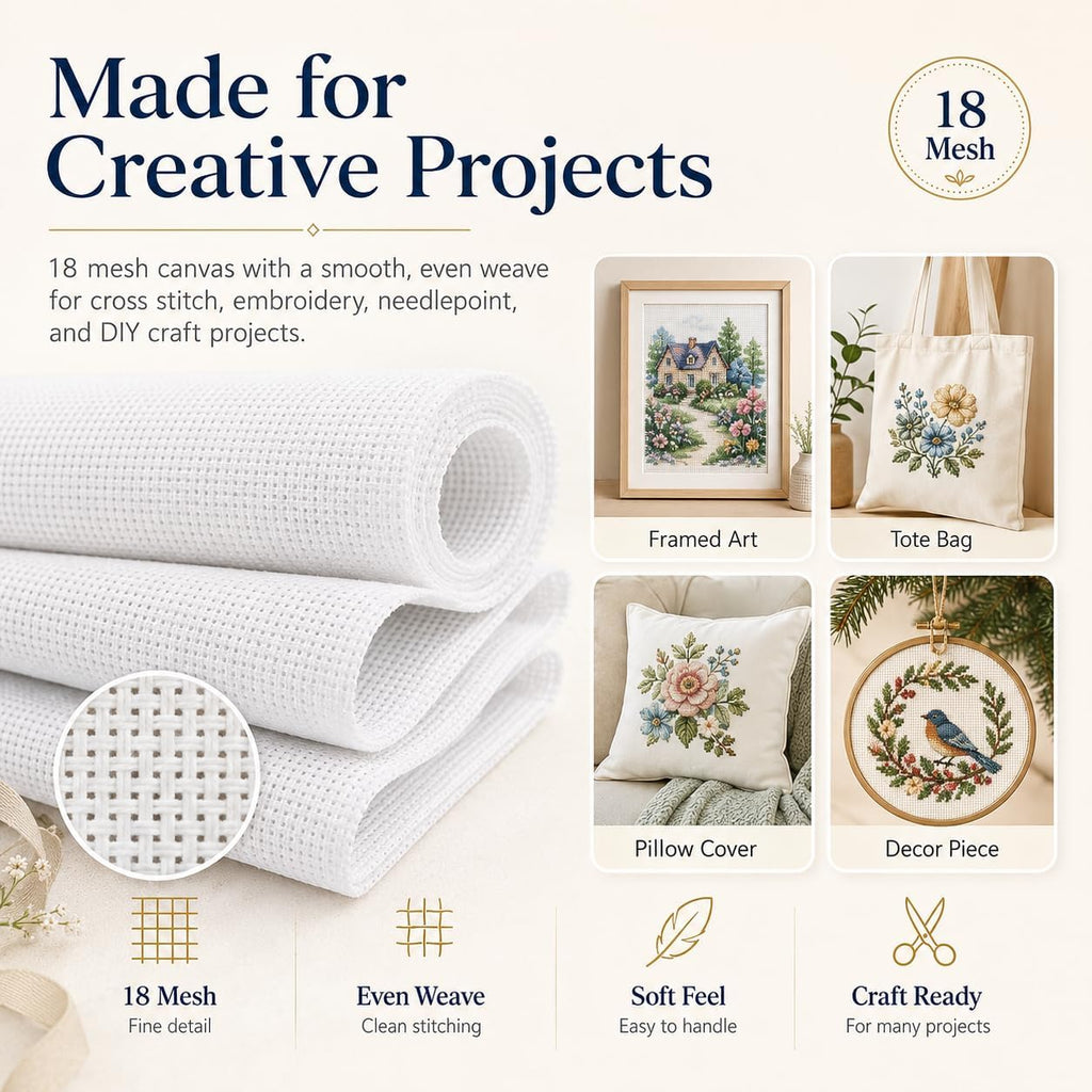 Needlepoint Canvas 13 Mesh, Cotton & Linen Blend, White, 18" x 20"