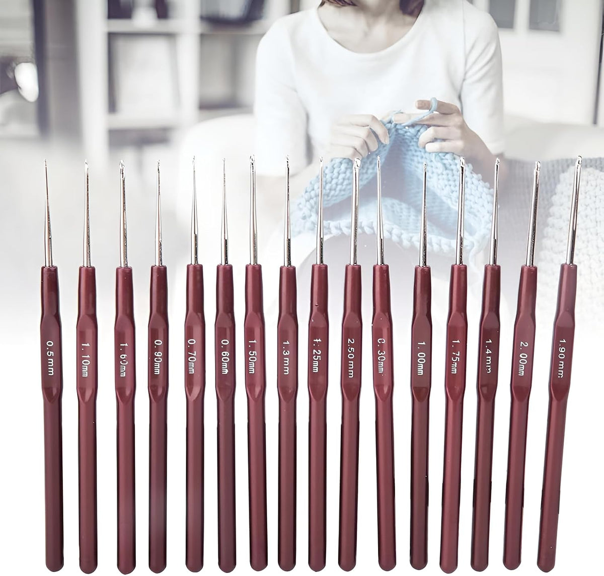 16pcs Lace Crochet Hook Set, Stainless Steel Tips, 0.5-2.5mm