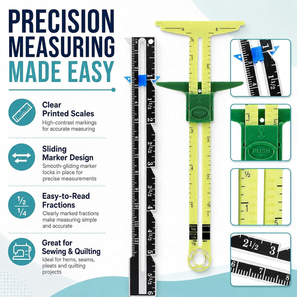 5 Piece Sewing Gauge Set, 5-in-1 Sliding Ruler & Seam Gauge, Yellow