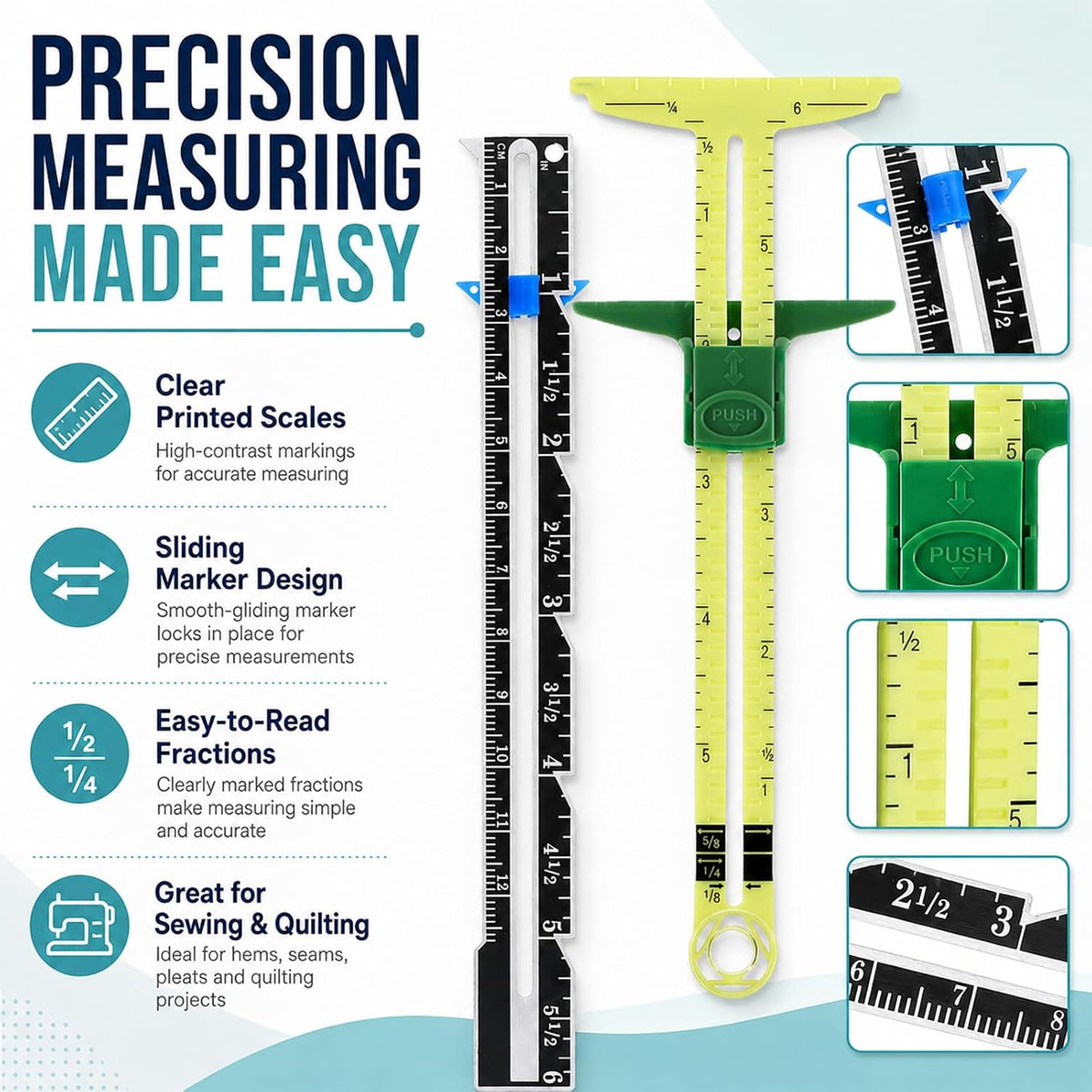 5 Piece Sewing Gauge Set, 5-in-1 Sliding Ruler & Seam Gauge, Yellow